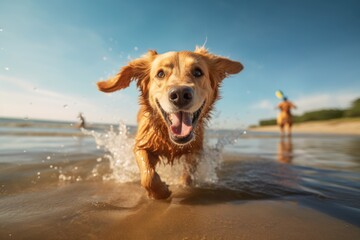 Wall Mural - Cute dog run on sand beach with sea water