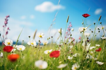 Wall Mural - Wild flower field in wild with variable colors in Spring. Spring seasonal concept.