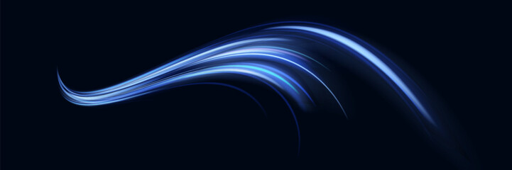 Poster - Blue light trail, wave speed, trace line twirl. Abstract light lines of movement and speed with white color glitters