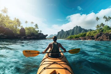 Wall Mural - Close-up view of a girl rowing a canoe in sea. Water sports. Summer tropical vacation concept.