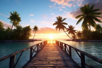 Wall Mural - Beautiful sunset at beach with a path to island with palm trees. Summer tropical vacation concept.