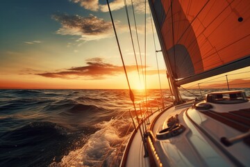 Wall Mural - Close-up view of a sailing boat at sunset driving in blue sea.