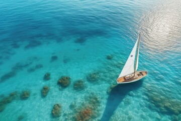 Wall Mural - Aerial view of a sailing boat driving in blue sea.