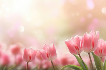 Wall Mural - Beautiful tulip at sunrise with variable colors in field in Spring. Blurred bokeh background for text. Spring seasonal concept.