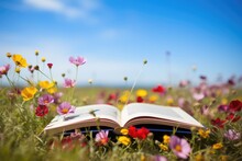 An Opened Book In Wild Flower Field In Wild With Variable Colors In Spring. Spring Seasonal Concept.