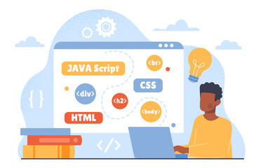 Frontend developer study. Man with laptop develop webpage for website IT specialist and programmer at workplace. Java script and CSS, programming languages. Cartoon flat vector illustration