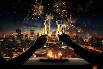 two clinking champagne glasses, from which dazzling fireworks are cascading, set against the silhouetted skyline of a celebratory city