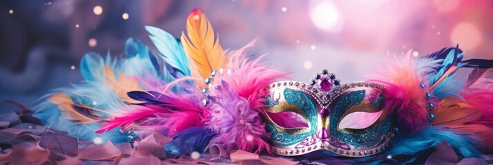 Canvas Print - Colorful mask decorated with feathers and sparkles. Carnival mask banner with place for text