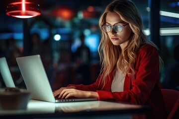 Poster - Midnight Productivity: Dedicated Worker Focuses on Laptop in Late-Night Home Office