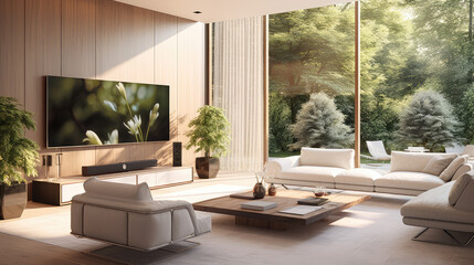 Wall Mural - A contemporary living room design with large French windows surrounded by green plants