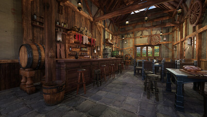 Wall Mural - Old medieval tavern with barstools by the bar and food on tables. 3D rendering.