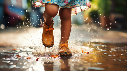 Joyful little feet meet puddles in a dance of innocence and delight