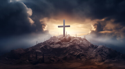 Wall Mural - Holy cross symbolizing the death and resurrection of Jesus Christ with the sky over Golgotha Hill is shrouded in light and clouds