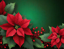 Christmas Background With Red Poinsettia Flowers, Top View With Copy Space