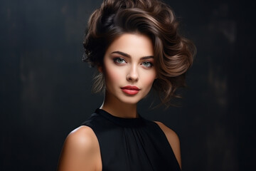 Wall Mural - Young woman with short curly hair on dark background. Portrait of girl model with wavy brown hairstyle, healthy skin of face. Concept of style, fashion, beauty salon, studio, makeup