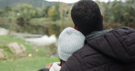 Canvas Print - Young couple, hug and outdoor with back view, love and commitment, trust and safety together at lake. Bonding, support and care with date at nature park, man and woman with comfort and affection