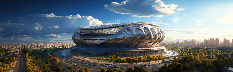 High Angle Establishing Shot: Stadium with Soccer Championship Match. Teams Play, Crowds of Fans Cheer. Football Cup Tournament. Sport Channel Concept, Screen Content. Wide Shot. AI Generative.