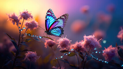 Wide field of lavender and butterfly in summer sunset, panorama background.