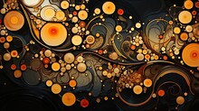 AI-generated Illustration Of An Intricate Decorative Pattern Of Organic Vines, Circles And Blossoms In Yellow, Orange, Brown And Pewter. MidJourney..