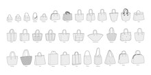 Set Of Tote Bags Silhouette. Fashion Accessory Technical Illustration. Vector Satchel Front 3-4 View For Men, Women, Unisex Style, Flat Handbag CAD Mockup Sketch Outline Isolated