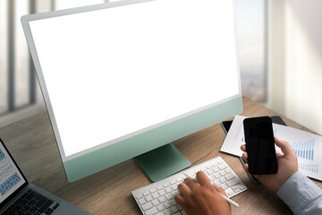 Poster - young man working businessman using a desktop computer of the blank screen