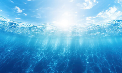 Poster - Underwater view of blue sea water surface with sunbeams. High quality photo