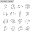Hearing aid line icon set. Hearing problem vector collection. Editable stroke.