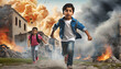 bambini scappano guerra esplosione bomba fuoco 