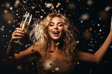 beautiful happy young woman having fun, holding glass of champagne against confetti background