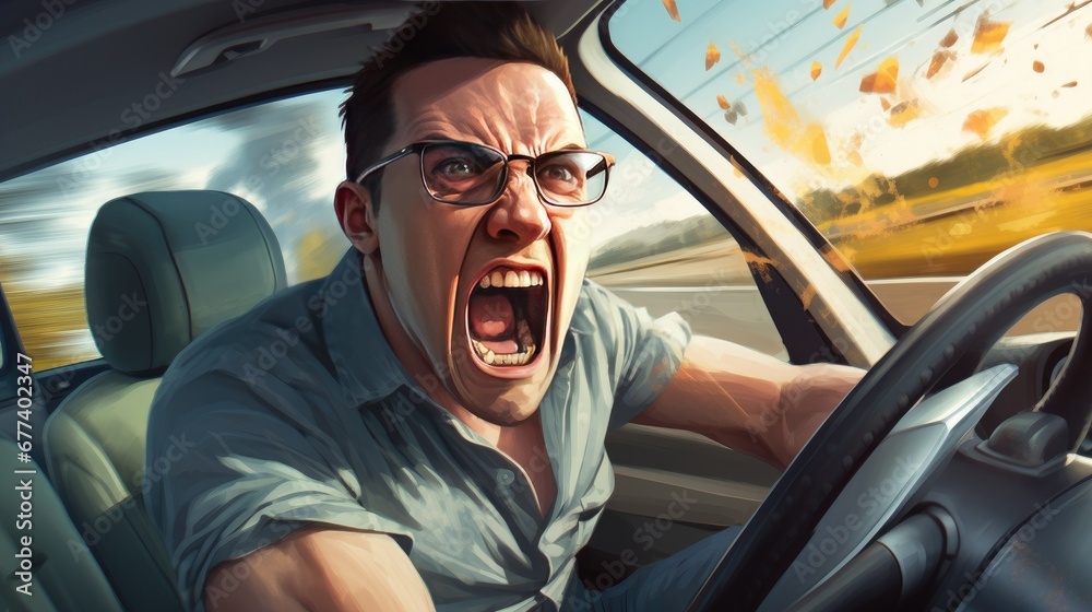 Man in a car, visibly frustrated and screaming in a fit of road rage ...