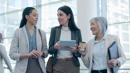 Aufkleber - Office building, meeting and women walking with tablet for planning, discussion and strategy research. Business people, team and female group online for advice, feedback and sharing idea or vision