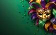 Mardi Gras poster. Venetian masquerade mask isolated on green background, copy space at the left. Sequin mask for carnivals. Costume party outfit. Paper mache face covering. AI Generative