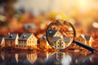Looking for a new house to buy or rent, with a focus on the rental housing market, using a magnifying glass near a residential building,
