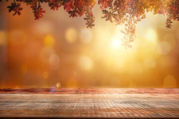 Wall Mural - season concept, the empty wooden table top with blur background of autumn