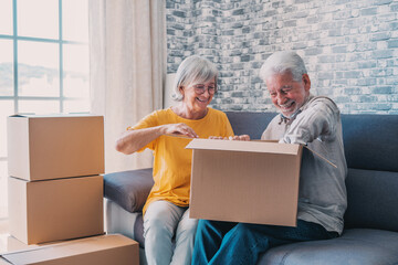 Relaxed mature married couple in love resting on couch among paper cardboard boxes, taking break, pause, hugging, talking, enjoying being in new home. Real estate concept.