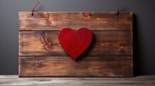 Red Heart Shaped In Sign Wooden Board Wood Vintage Isolated On White Concrete Background. Valentine's Day, Wedding, Birthday. Mother's Day. Mock Up Template Product Presentation. Artwork Design.
