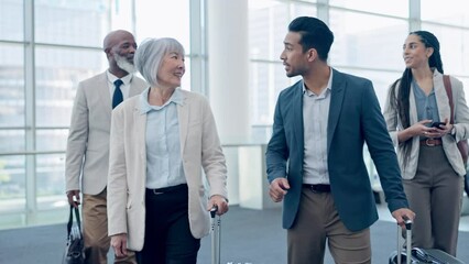 Poster - Airport, walking or business people with luggage speaking of travel, airplane flight and terminal gate for trip. Talking, suitcase bag or shoes on journey, international transportation or global tour