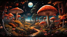 Japanese Art Style Traditional Landscape Mystical Forest With Vibrant Mushrooms And Magical Creatures Hidden Among The Trees