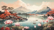 Japanese Art Style Traditional Landscape Serene Lake With Blooming Lotus Flowers And Elegant Swans Gliding On The Water