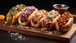Hot dogs on a wooden board on a marble table, with onions in the background.