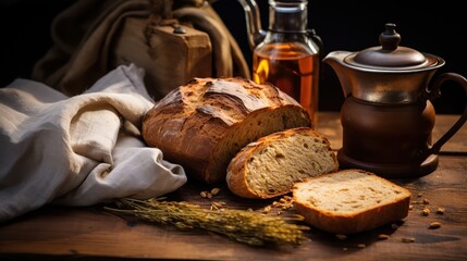 Wall Mural - Bread in a sack beside tea on a wooden table.