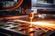 Metal being cut by a blue laser CNC with a light spark. Generative AI