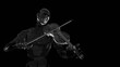 glass man playing violin, in the rain, blurred focus, abstraction, dark background, background for music, 3d render