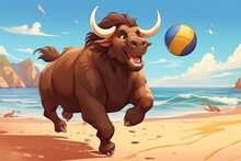 Illustration Of A Buffalo  Playing Ball On The Beach