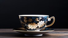 A Teacup And Saucer With Gold Flowers On It