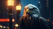 a bird standing on a street lamp