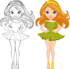 Wall Mural - Beautiful Woman with Long Hair in Mini Dress Cartoon Character