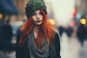 Wall Mural - a woman with red hair wearing a green beanie and black jacket