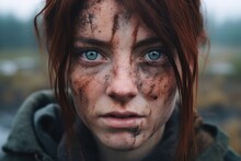 A Woman With Red Hair And Blue Eyes With Brown Dirt On Her Face