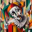 Arlequin with a sad face modern painting, geometric patterns
